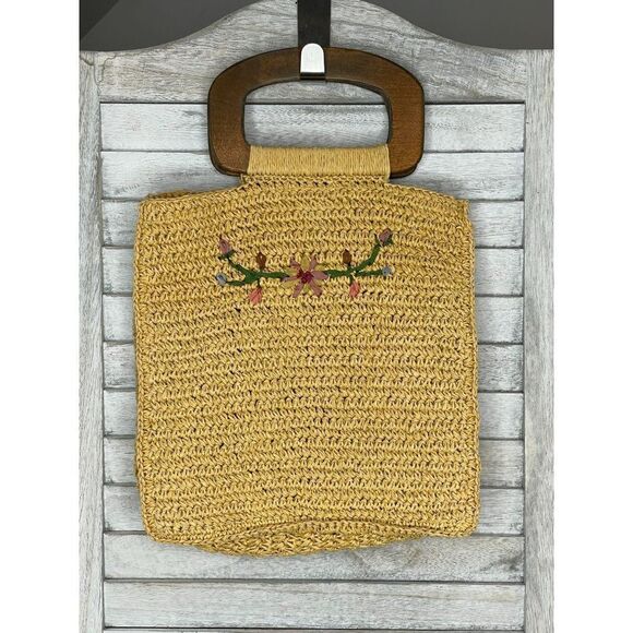 Vintage Seagrass Handbag With Wooden Handles and Embroidered Flowers - Picture 1 of 5